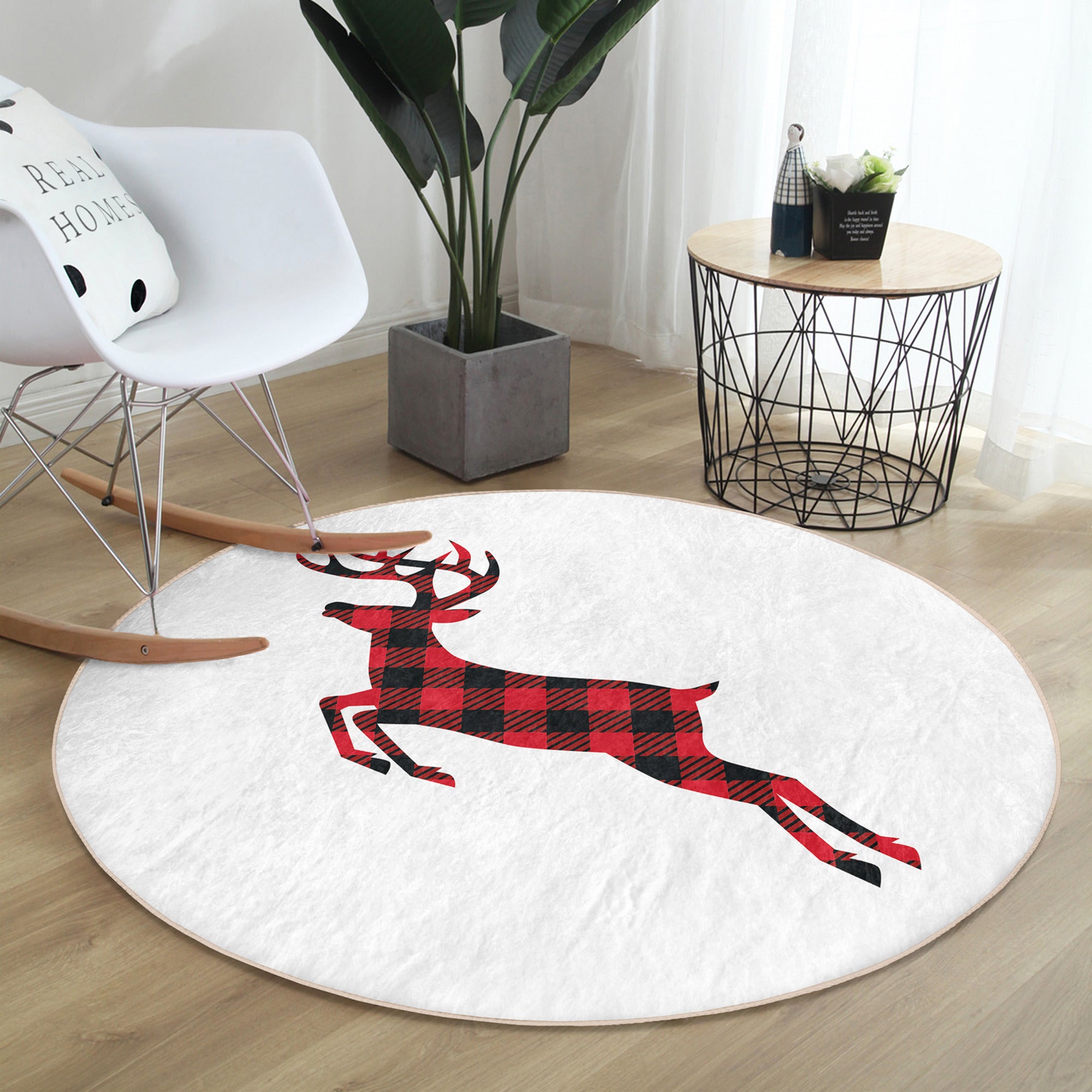 Red Deer Round Rug featuring a vibrant deer pattern in white and red colors, made from soft velvet fabric, ideal for home decor.