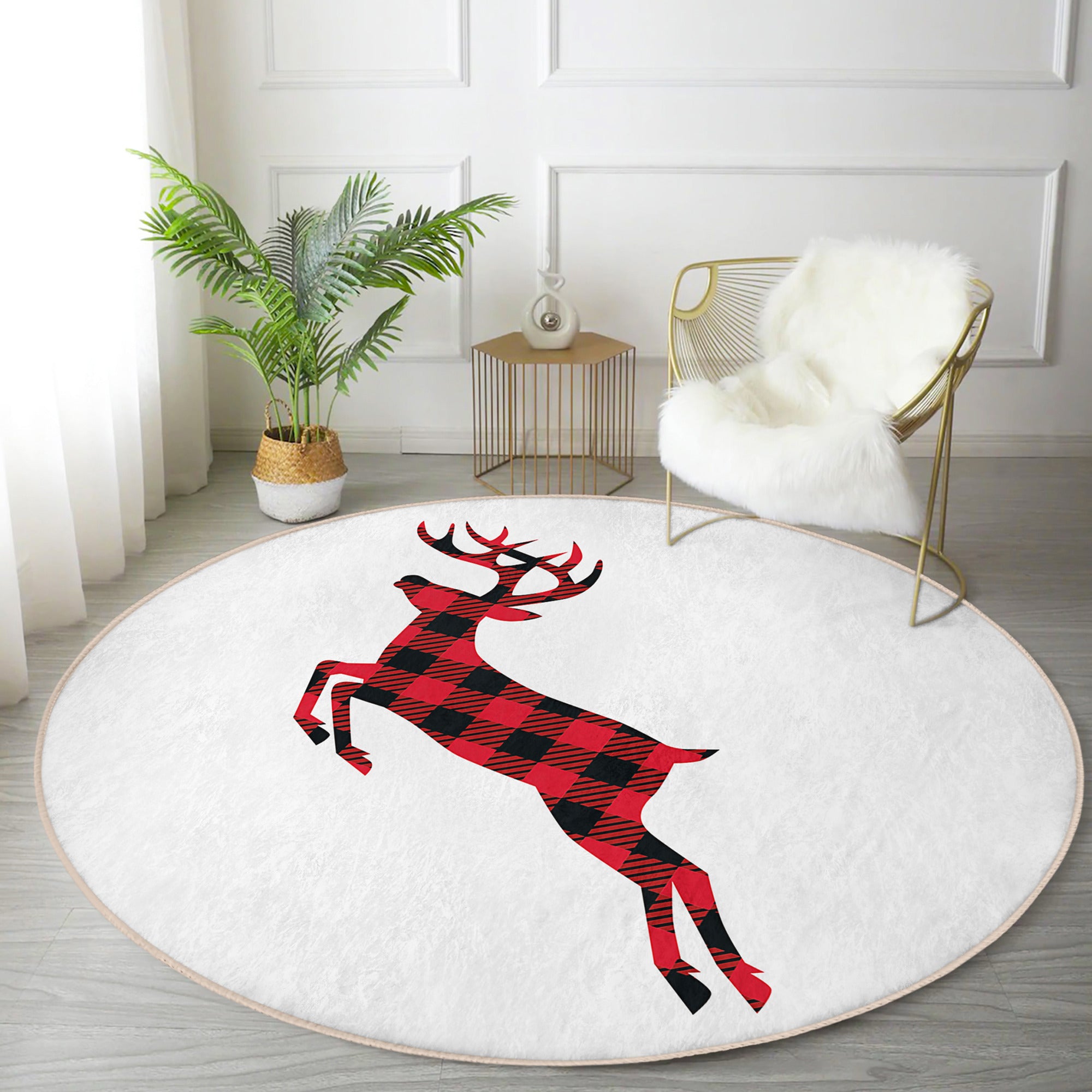 Red Deer Round Rug featuring a vibrant deer pattern in white and red colors, made from soft velvet fabric, ideal for home decor.