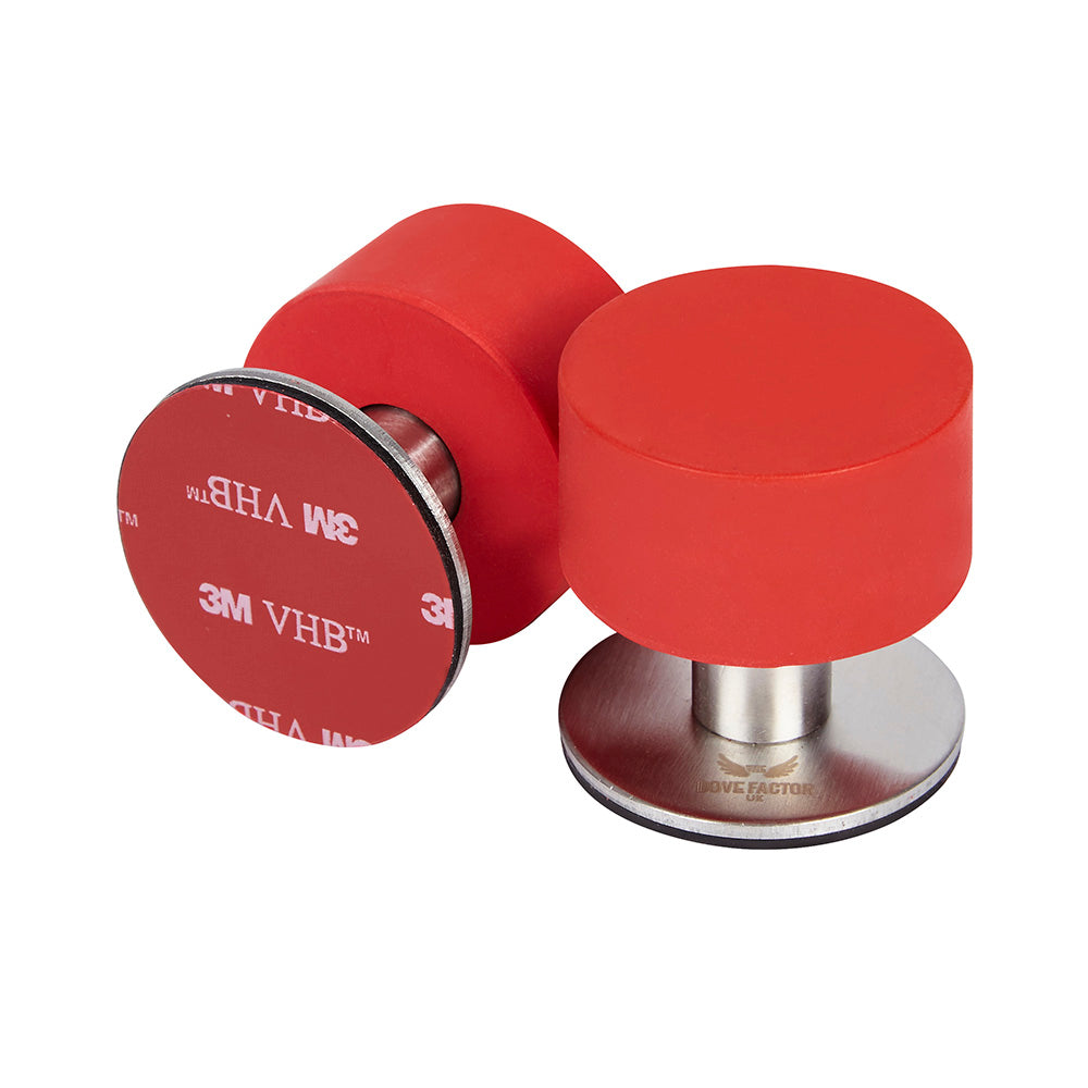 Red Door Stop with 3M Adhesive by The Dove Factor, showcasing its sleek stainless steel design and rubber cushioning.