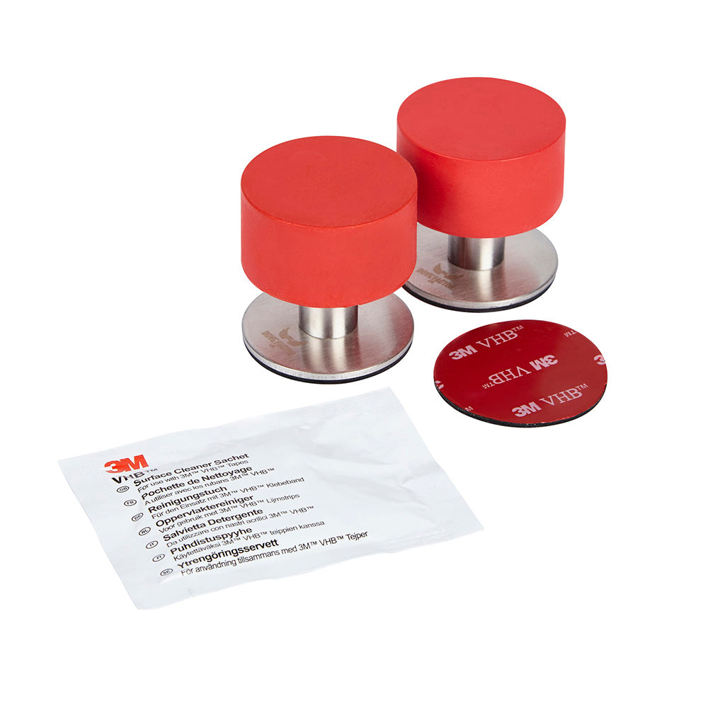 Red Door Stop with 3M Adhesive by The Dove Factor, showcasing its sleek stainless steel design and rubber cushioning.