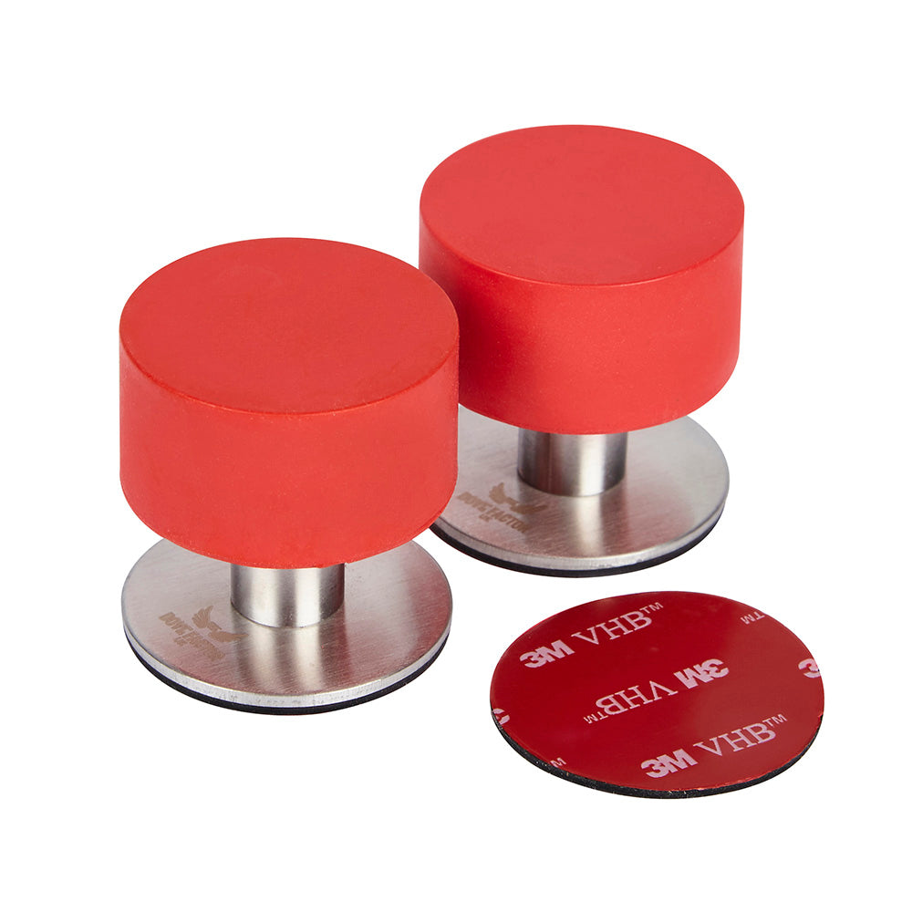 Red Door Stop with 3M Adhesive by The Dove Factor, showcasing its sleek stainless steel design and rubber cushioning.