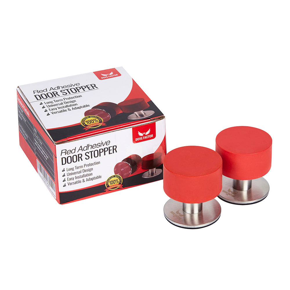 Red Door Stop with 3M Adhesive by The Dove Factor, showcasing its sleek stainless steel design and rubber cushioning.