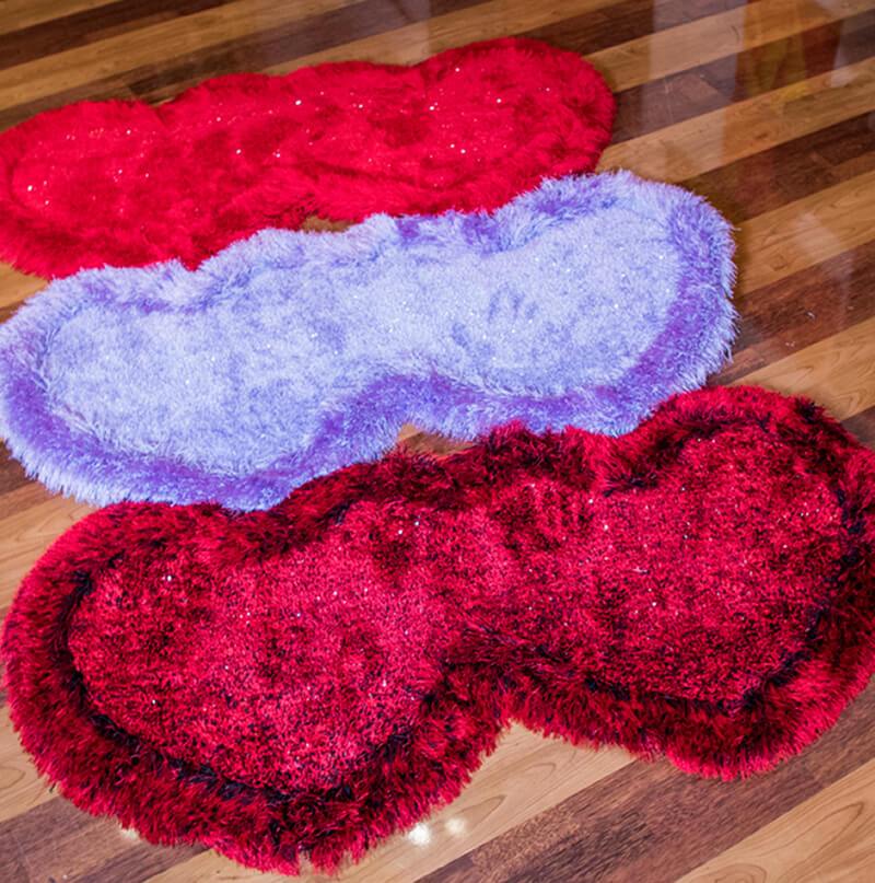 Red Double Heart Decorative Area Rug, soft shaggy texture, hand tufted, 28x55 inches, perfect for home decor.