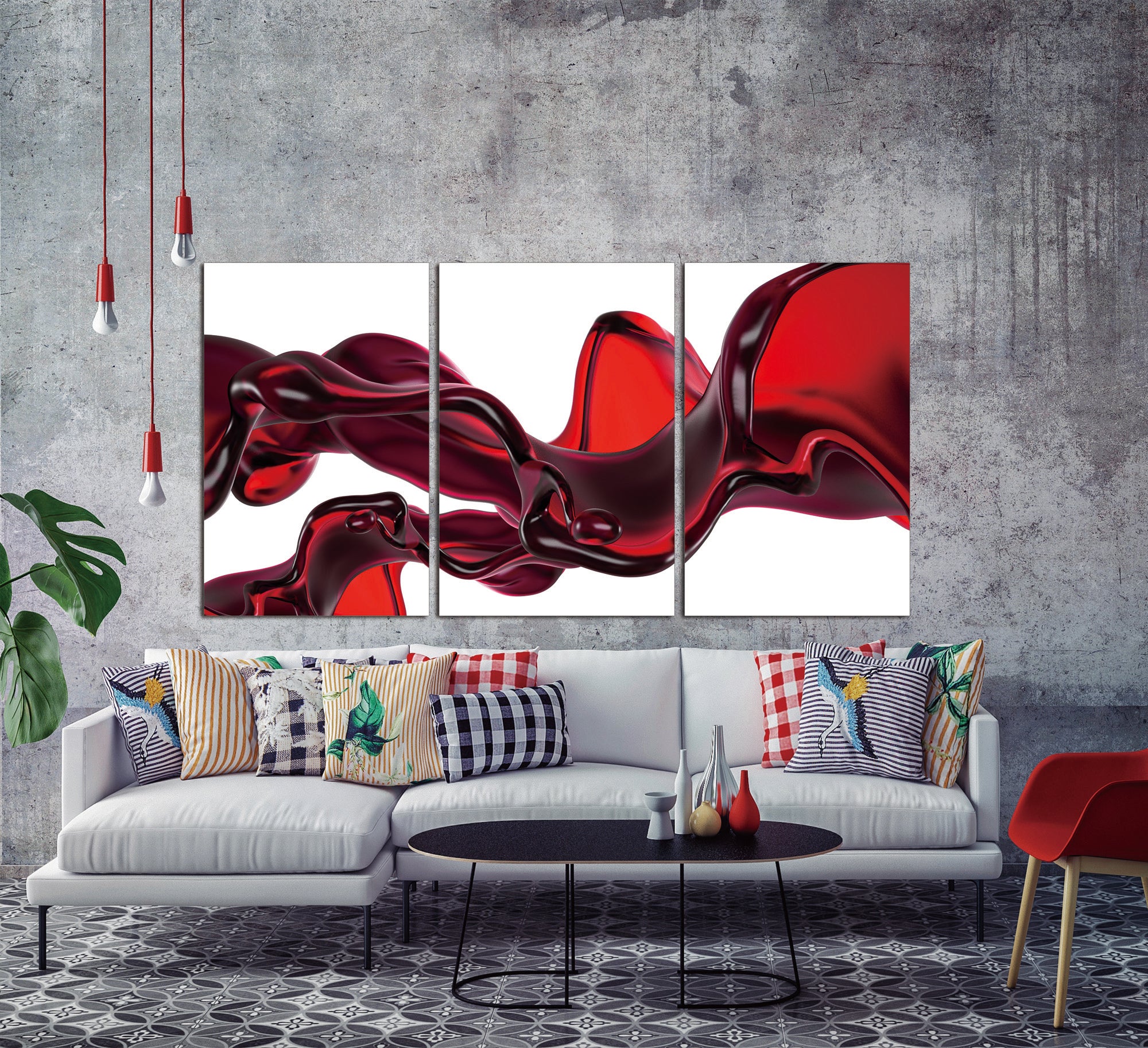 Three-panel Red Float Acrylic Wall Art featuring a modern abstract design with a high-gloss finish, ideal for contemporary home decor.