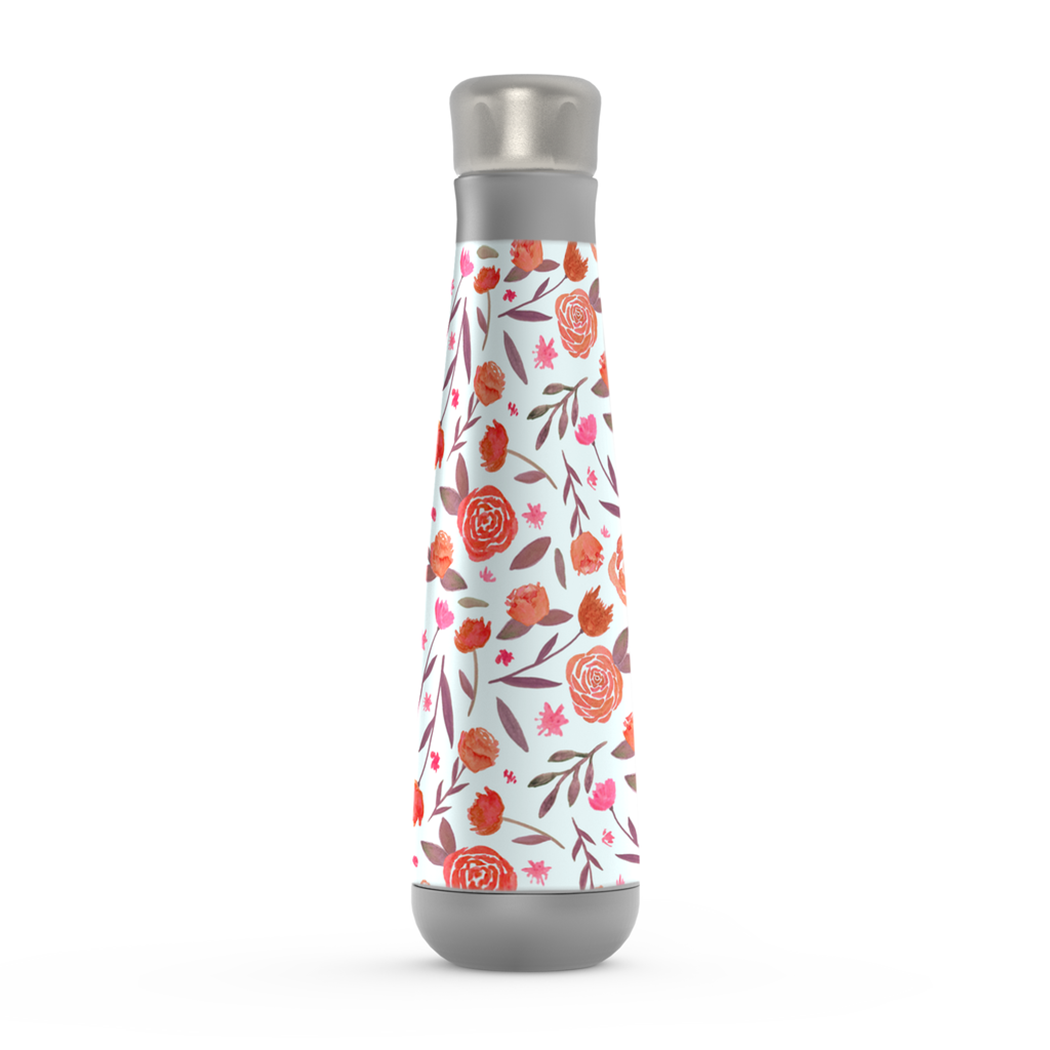 A stylish red floral water bottle made of stainless steel, featuring a screw-on lid and vacuum insulation for temperature retention.