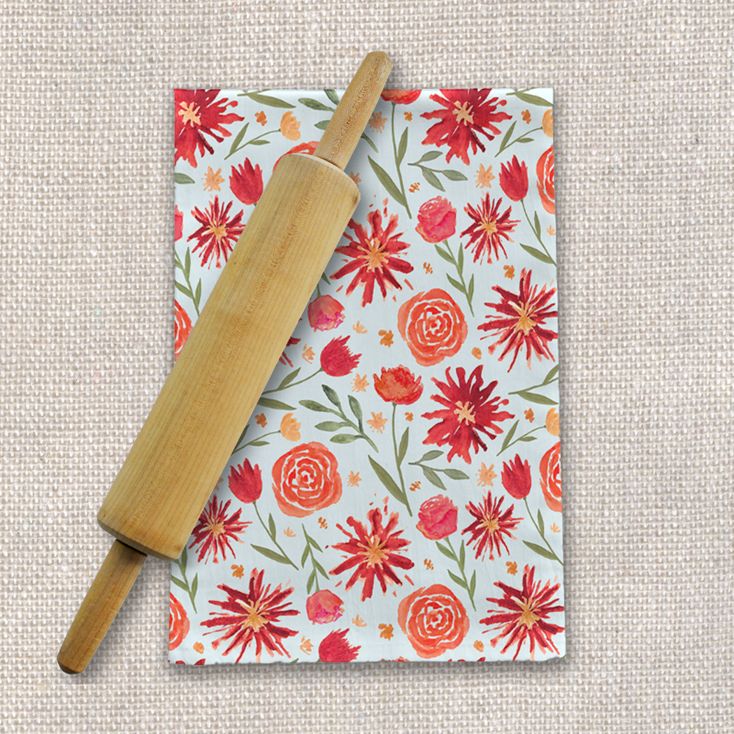 Red Flower Burst Tea Towel featuring vibrant floral design on cotton twill fabric, perfect for kitchen use.