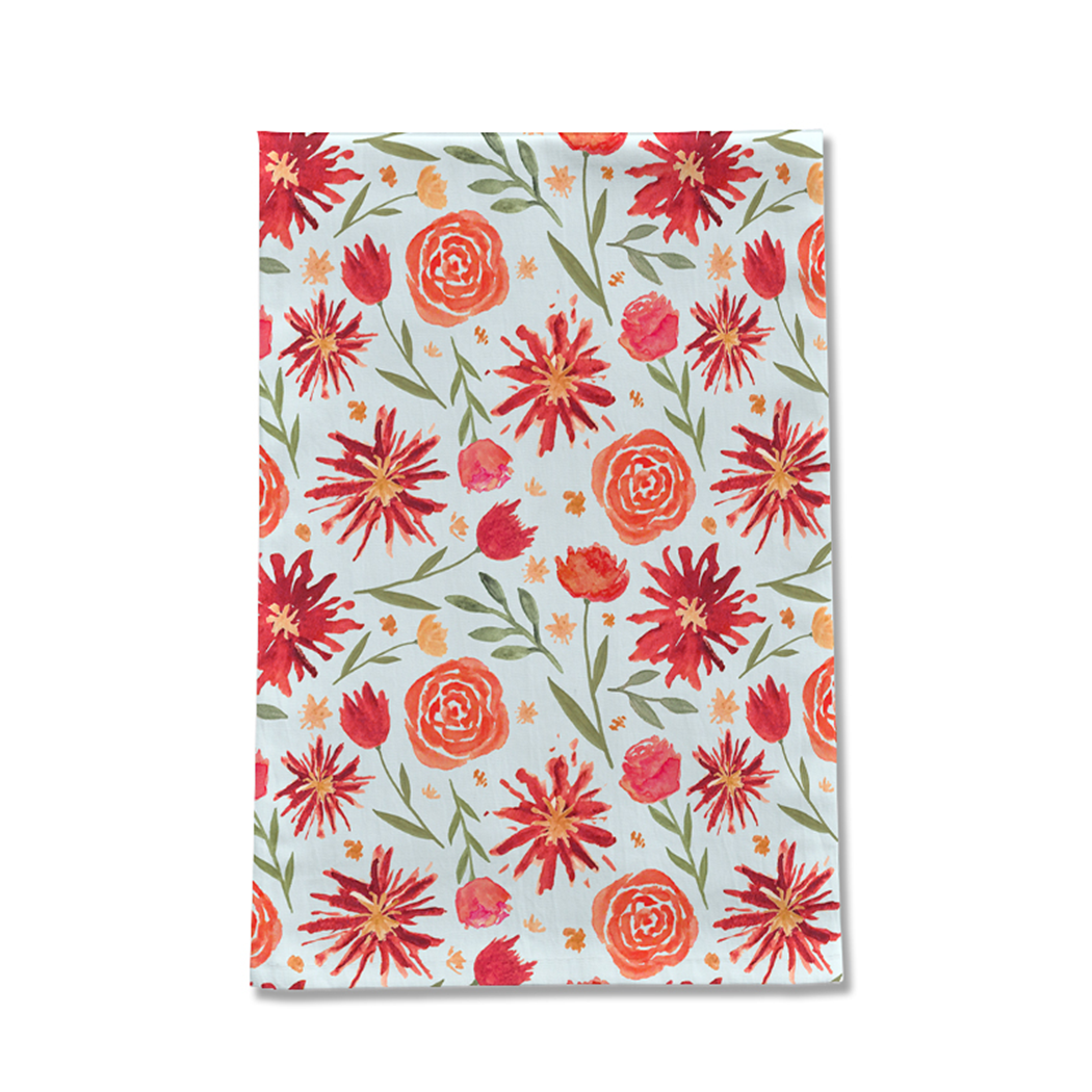 Red Flower Burst Tea Towel featuring vibrant floral design on cotton twill fabric, perfect for kitchen use.