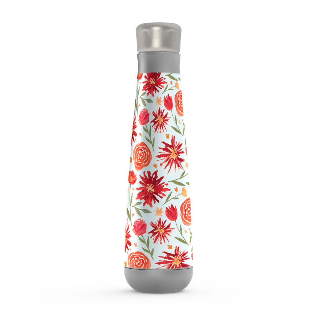 Red Flower Burst Water Bottle made of stainless steel with a vibrant floral design, perfect for hydration on the go.