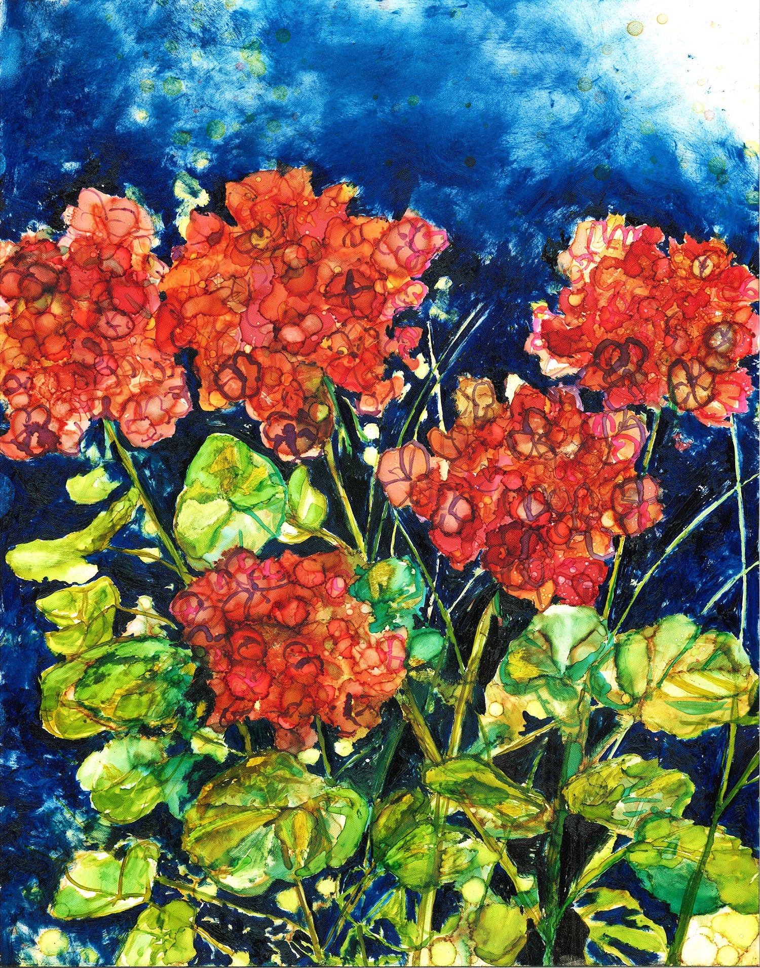 A vibrant greeting card featuring red geraniums artwork, perfect for any occasion.