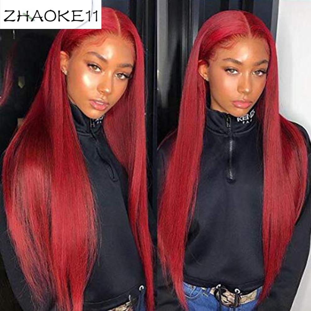 A vibrant red lace front human hair wig with silky straight texture, showcasing the 99J color and light brown lace base.