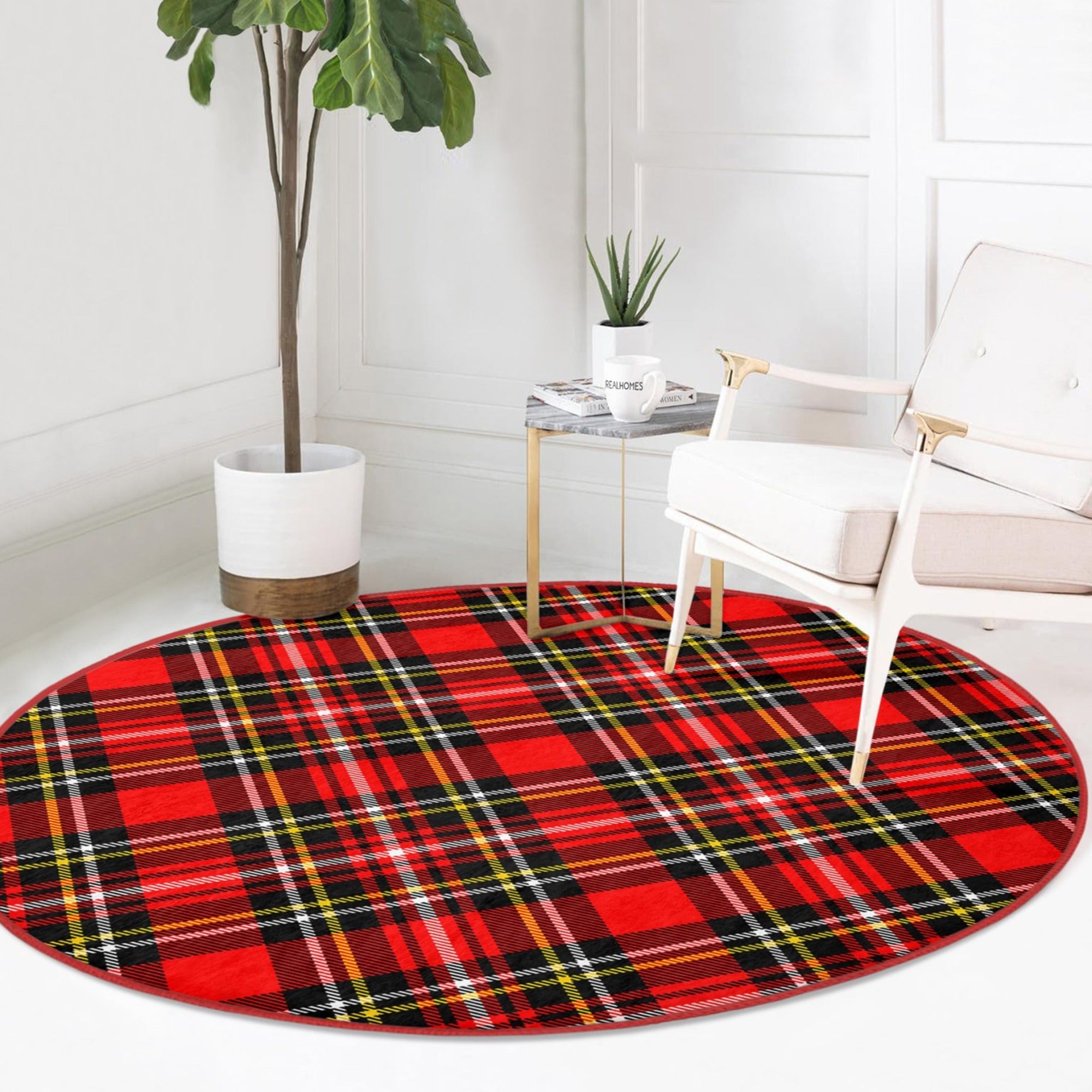 A cozy red plaid pattern round rug designed for bedrooms, showcasing its soft texture and elegant design.