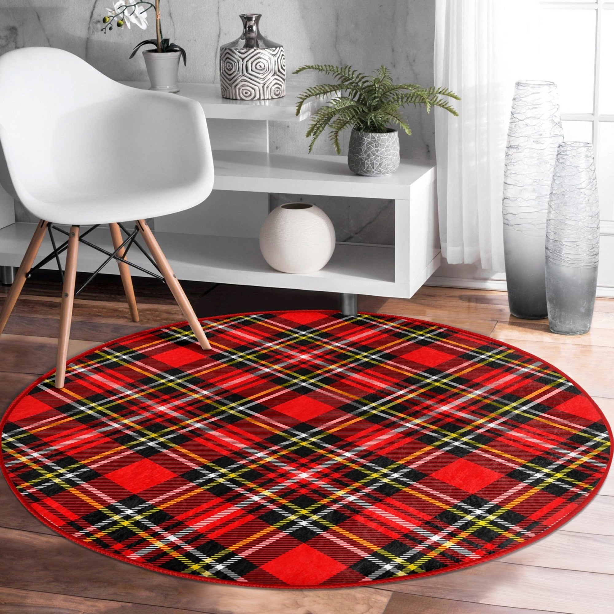 A cozy red plaid pattern round rug designed for bedrooms, showcasing its soft texture and elegant design.