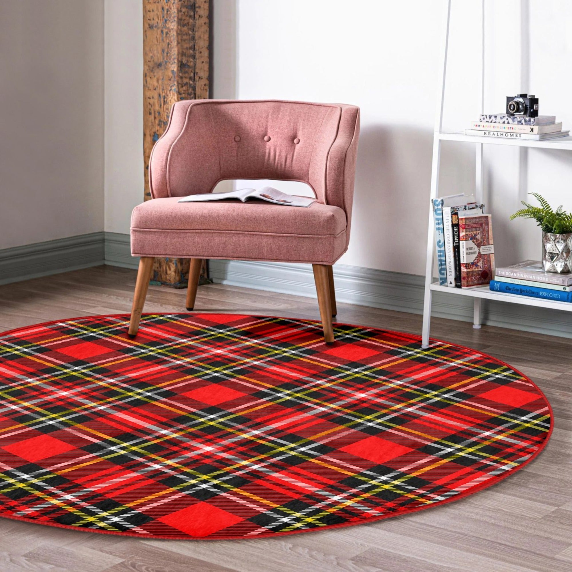 A cozy red plaid pattern round rug designed for bedrooms, showcasing its soft texture and elegant design.