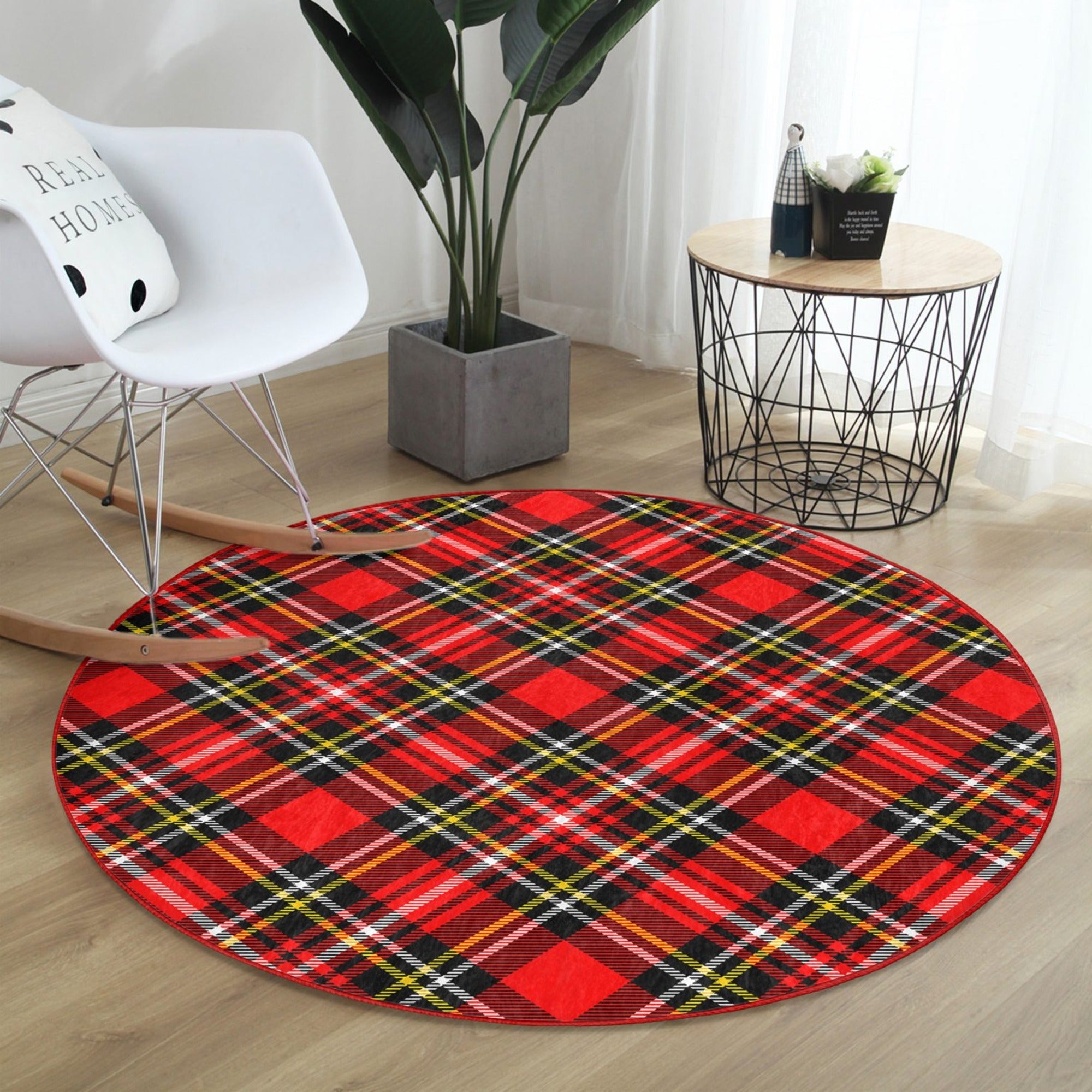 A cozy red plaid pattern round rug designed for bedrooms, showcasing its soft texture and elegant design.