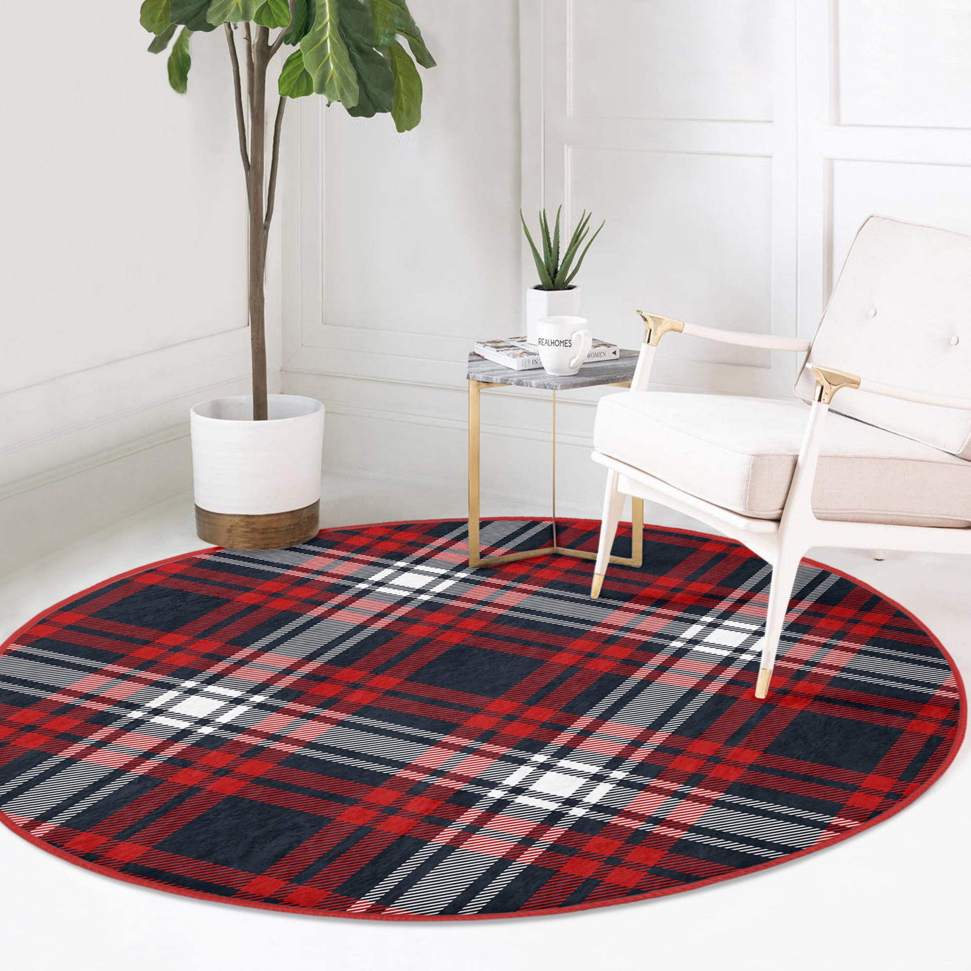 A cozy round rug featuring a vibrant red plaid pattern, perfect for home decoration.