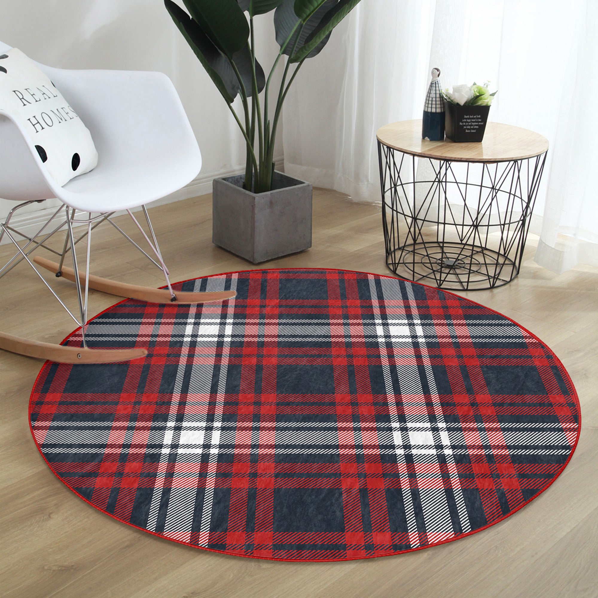 A cozy round rug featuring a vibrant red plaid pattern, perfect for home decoration.