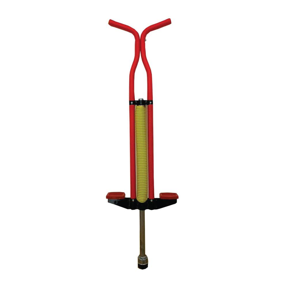 A vibrant red pogo stick designed for children, featuring a durable metal frame, anti-slip handle, and pedals for safe jumping.