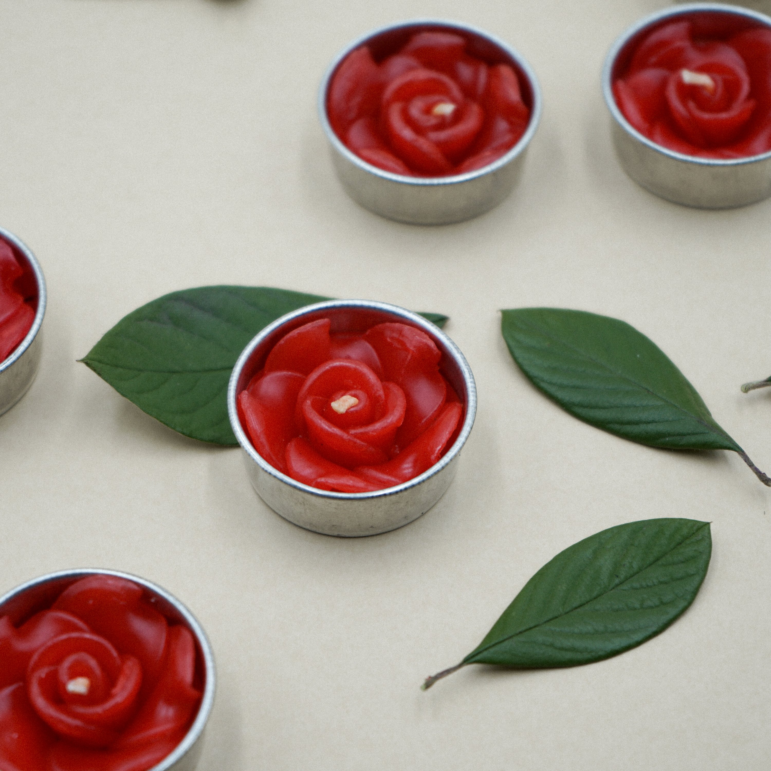 A set of eight red rose scented tealights in a decorative botanic garden printed box, showcasing their elegant design and vibrant color.