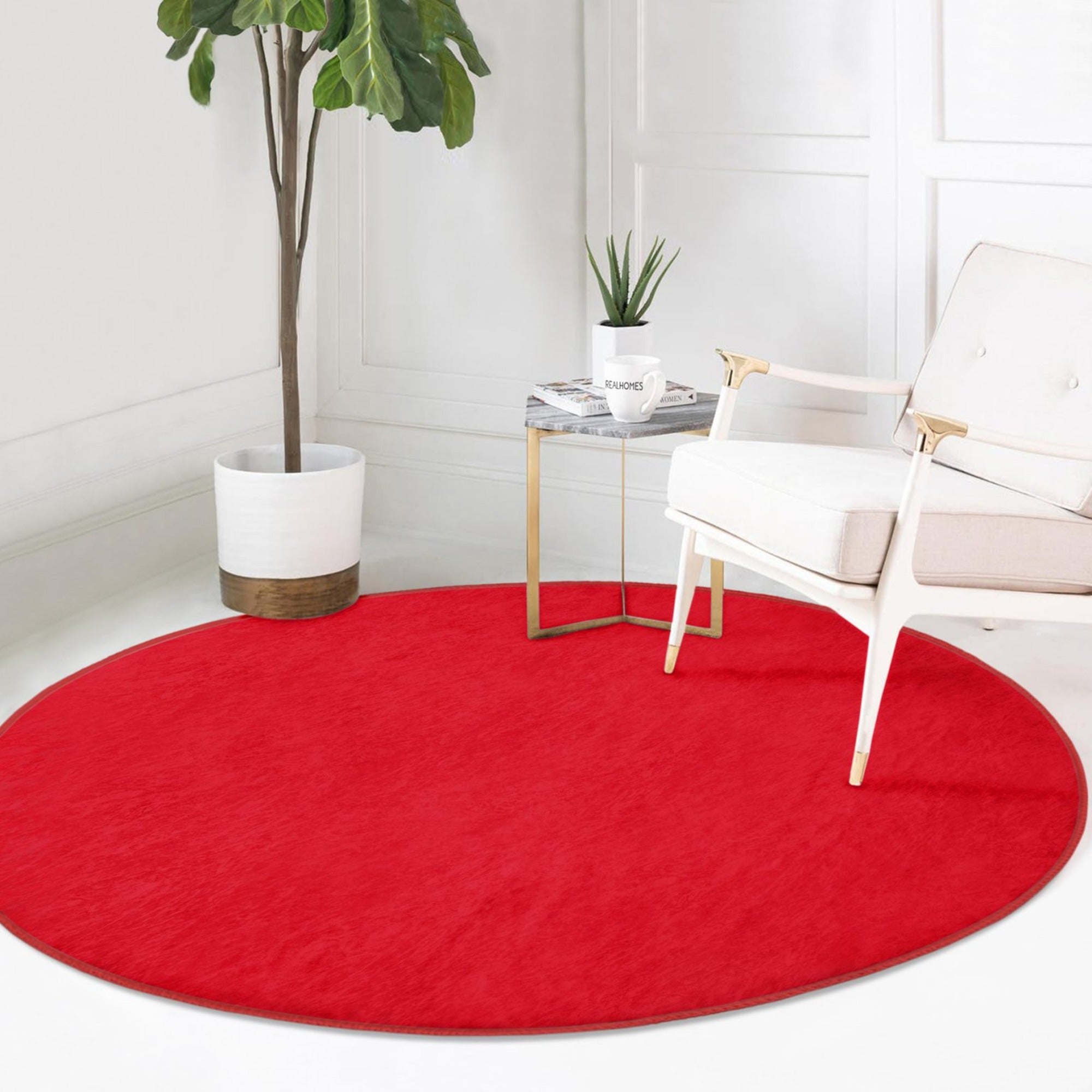 Red Washable Round Rug by Homeezone, featuring soft shiny velvet fabric and a vibrant red color, perfect for modern home decor.