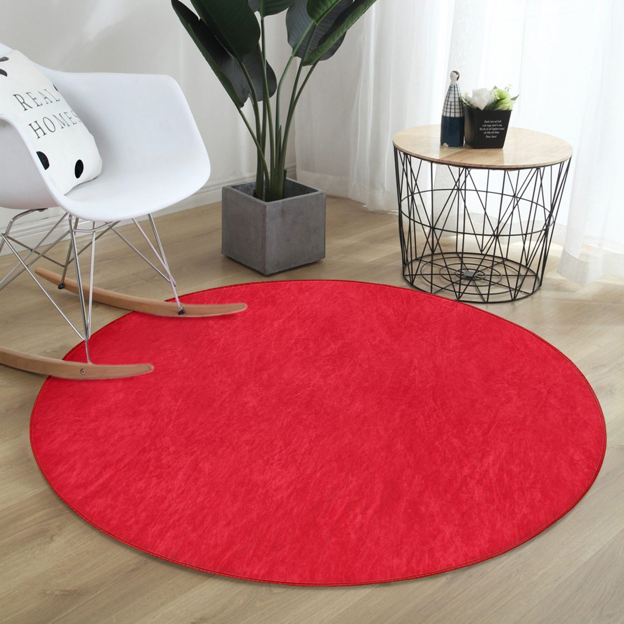 Red Washable Round Rug by Homeezone, featuring soft shiny velvet fabric and a vibrant red color, perfect for modern home decor.