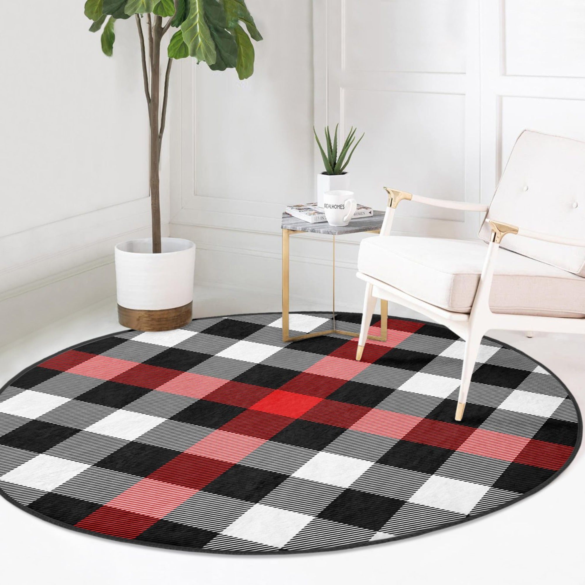 Red-grey plaid round rug, soft velvet fabric, stylish home decor accent.