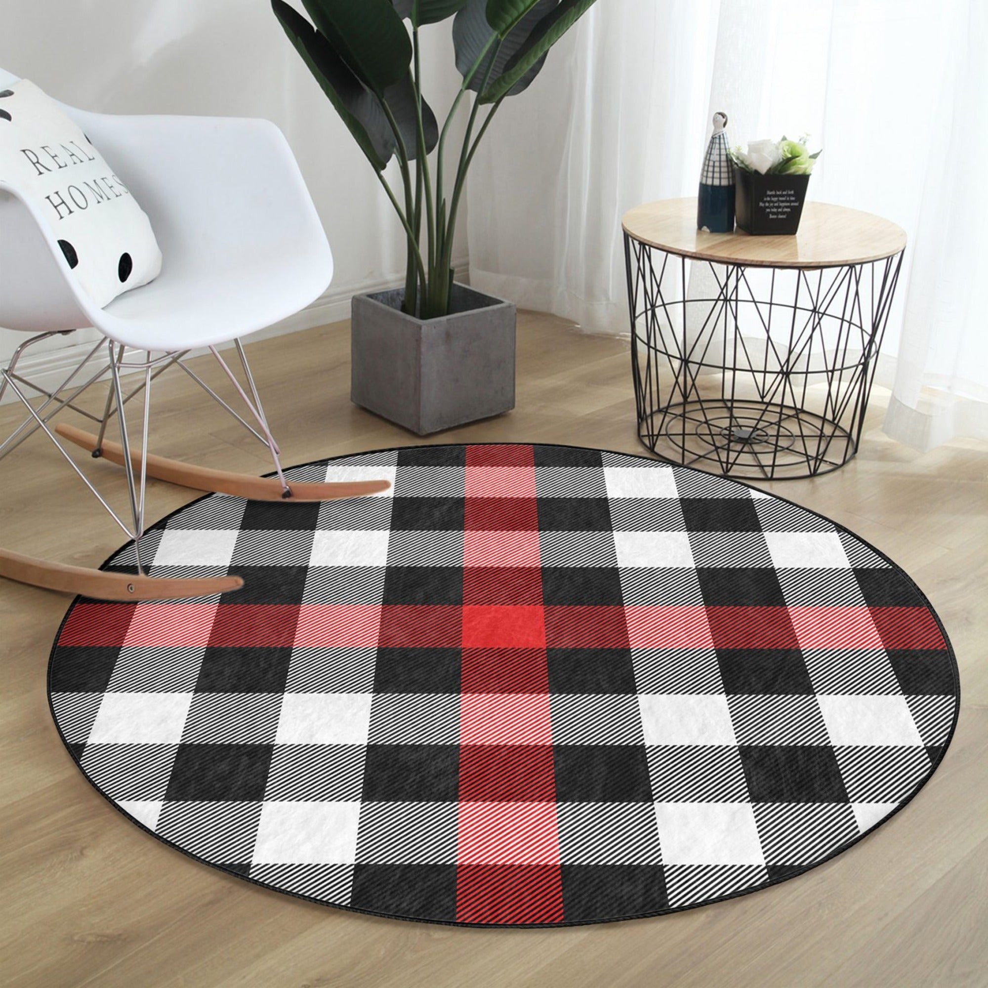 Red-grey plaid round rug, soft velvet fabric, stylish home decor accent.