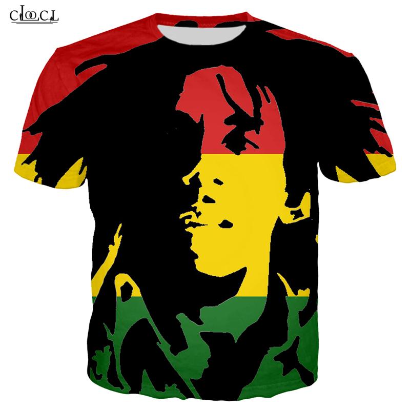 Men's Reggae Hip Hop T-shirt featuring vibrant Bob Marley 3D print on front and back, made from polyester and spandex.