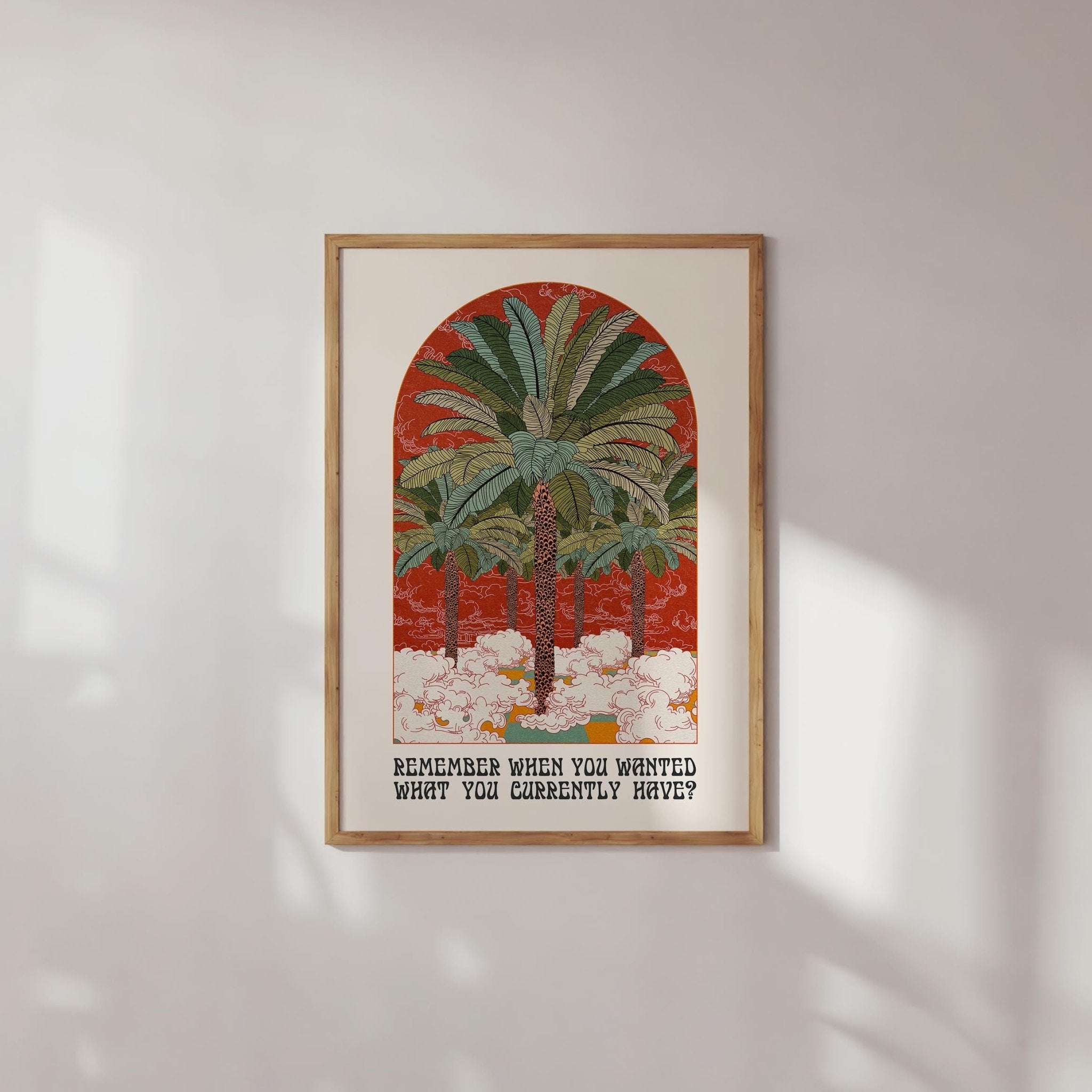 Remember When art print featuring palm trees and dreamy clouds, available in A3 and A4 sizes.