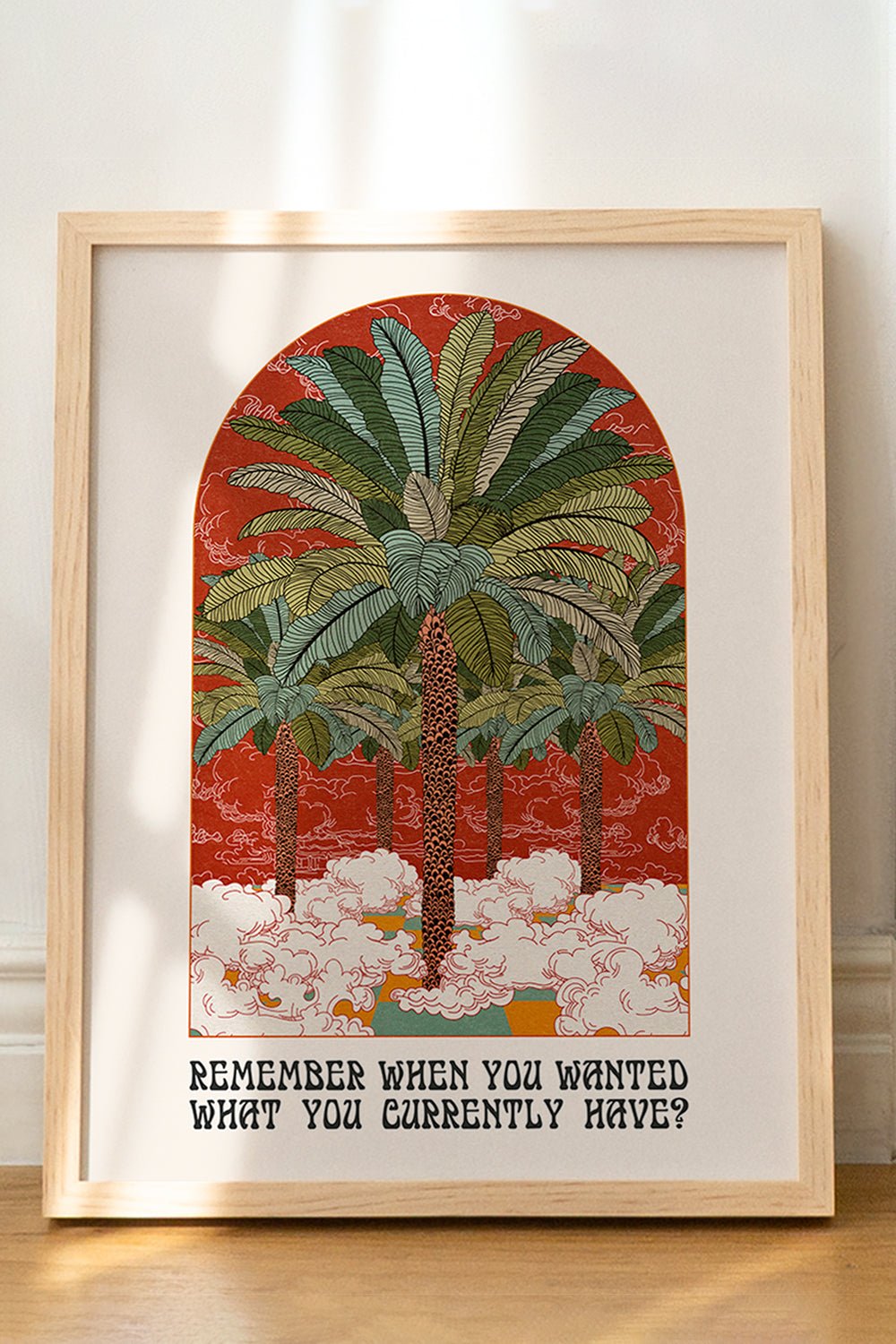 Remember When art print featuring palm trees and dreamy clouds, available in A3 and A4 sizes.