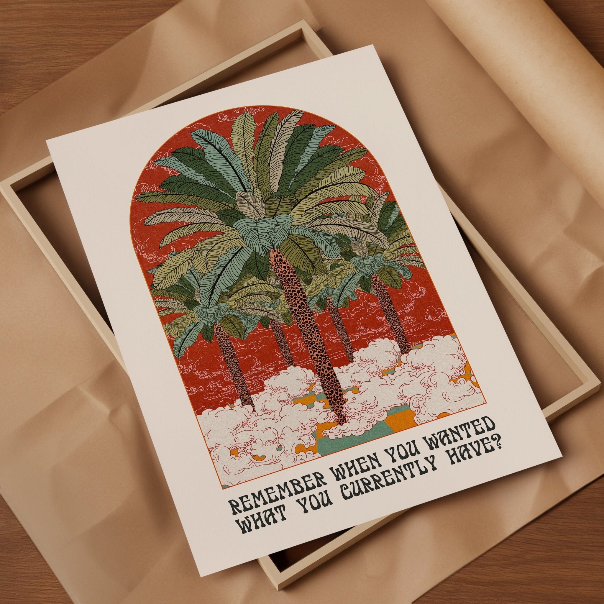 Remember When art print featuring palm trees and dreamy clouds, available in A3 and A4 sizes.