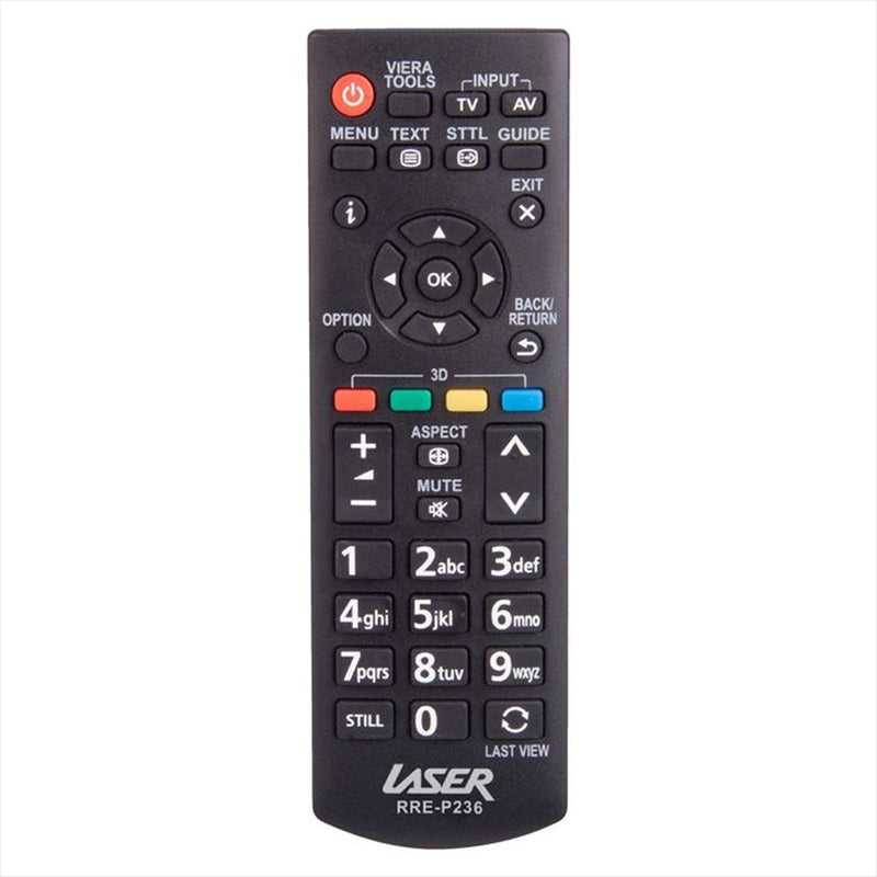 Laser Replacement Remote Control for Panasonic TV, compatible with plasma, LCD, and LED models, easy to use without programming.