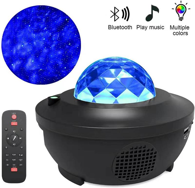 Remote Laser Night Light LED music projector displaying a starry sky and ocean waves, perfect for creating a relaxing ambiance.