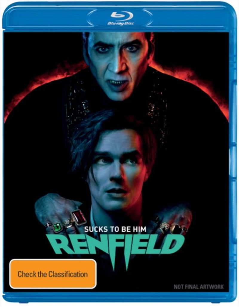 Renfield Blu-ray cover featuring the character Renfield and Dracula in a dark, atmospheric setting.