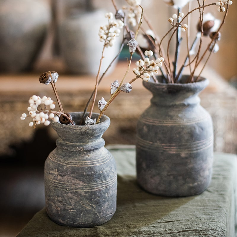 Restoration Style Concrete Vase in gray, showcasing its elegant design and sturdy construction, available in small and large sizes.