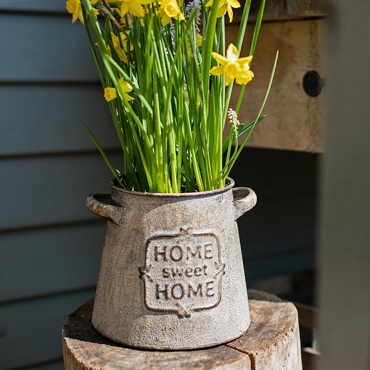 Restoration Sweet Home Flower Pot in rusty gold finish, showcasing its elegant design and sturdy metal construction.