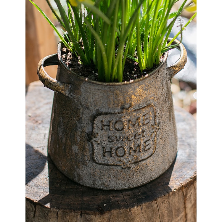 Restoration Sweet Home Flower Pot in rusty gold finish, showcasing its elegant design and sturdy metal construction.