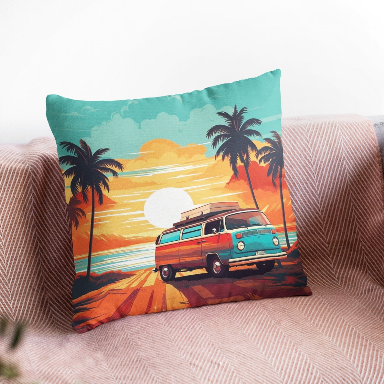 Retro Camping Van Throw Pillow featuring vibrant digital print, ideal for bohemian home decor.