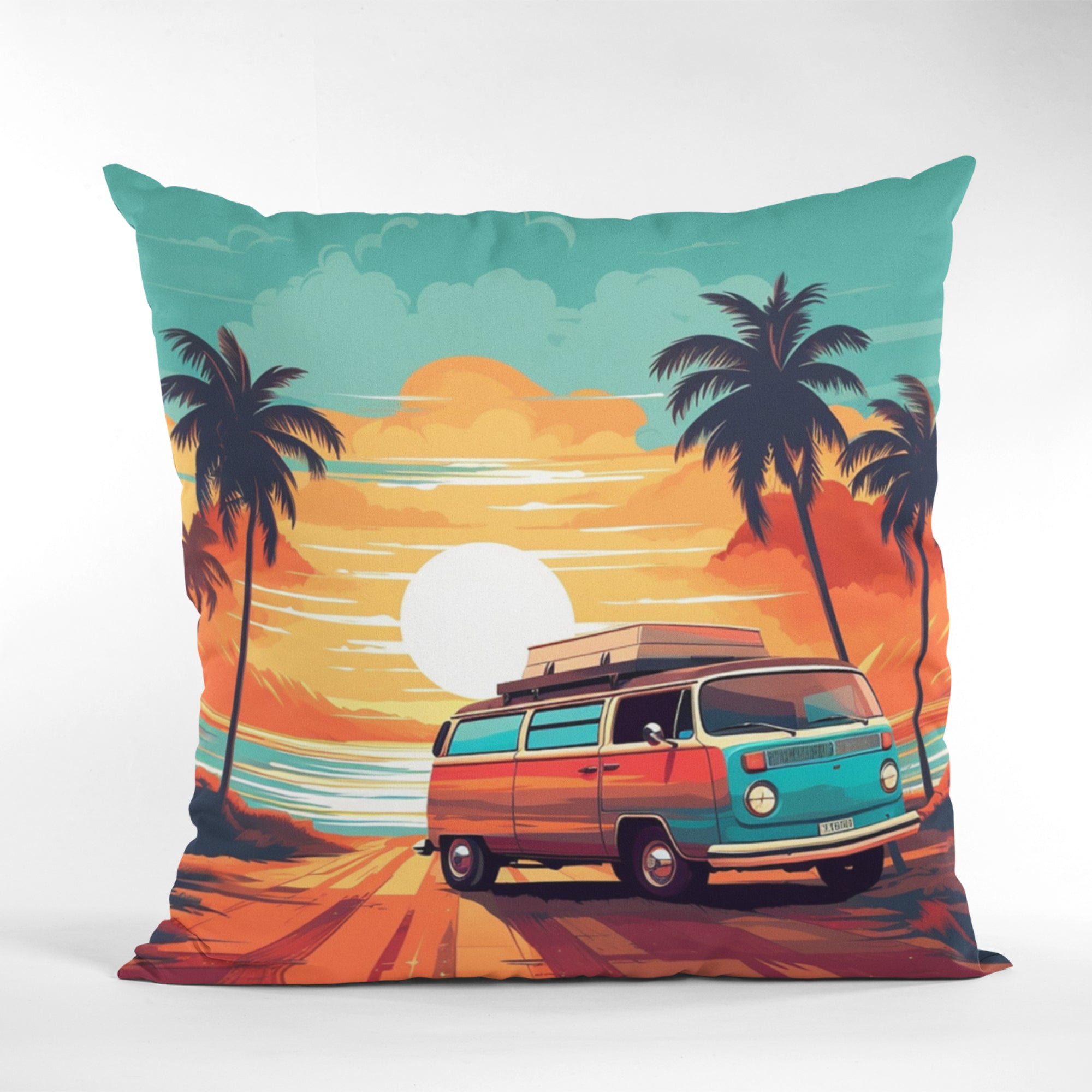 Retro Camping Van Throw Pillow featuring vibrant digital print, ideal for bohemian home decor.