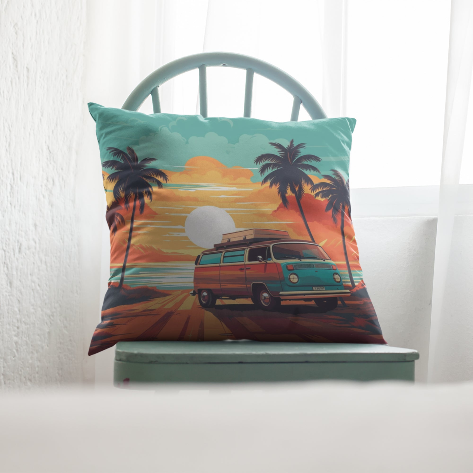 Retro Camping Van Throw Pillow featuring vibrant digital print, ideal for bohemian home decor.