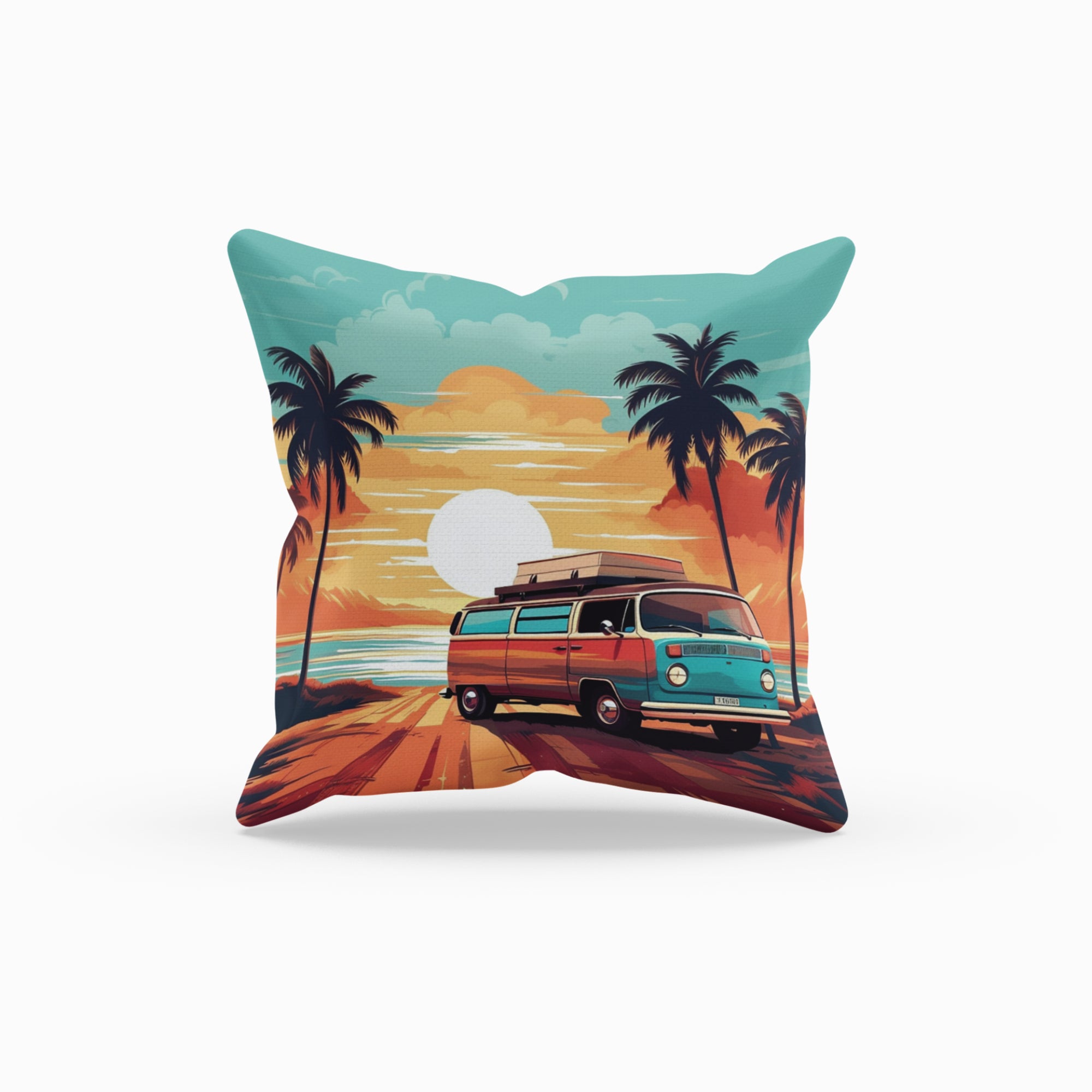 Retro Camping Van Throw Pillow featuring vibrant digital print, ideal for bohemian home decor.