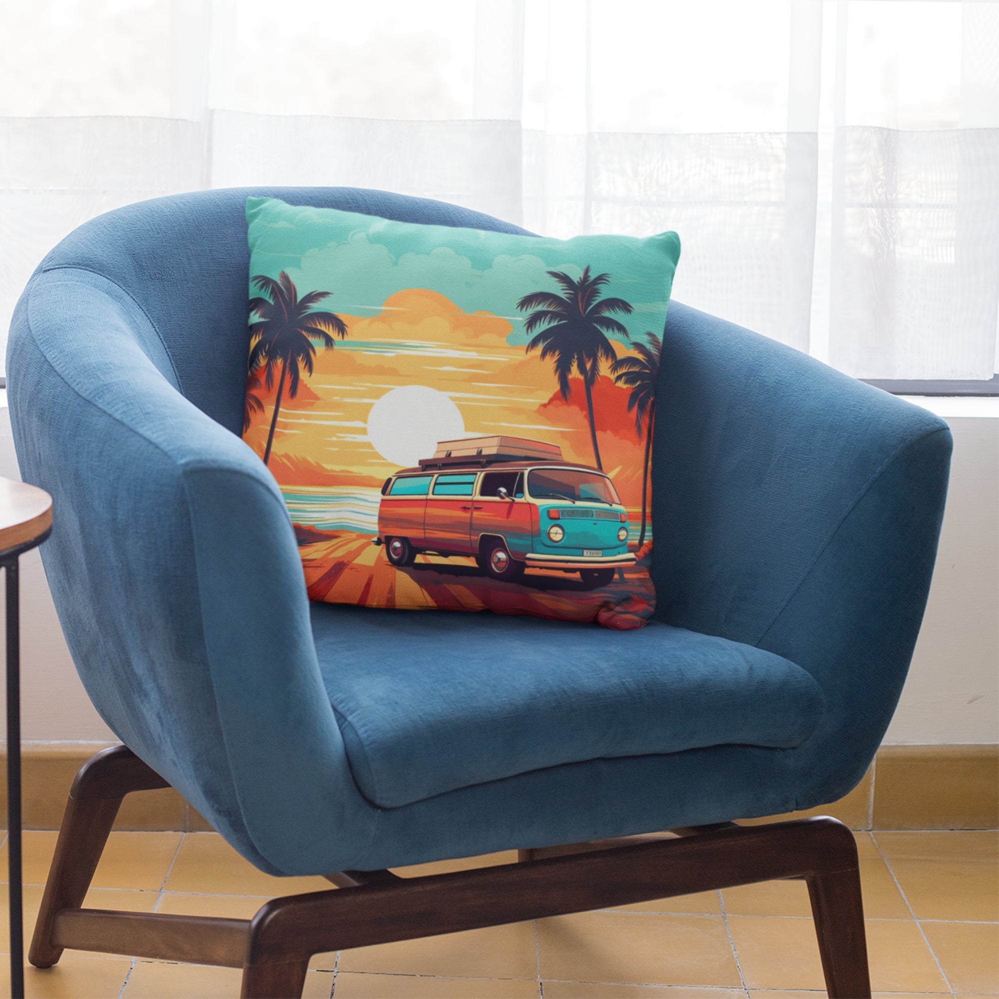 Retro Camping Van Throw Pillow featuring vibrant digital print, ideal for bohemian home decor.