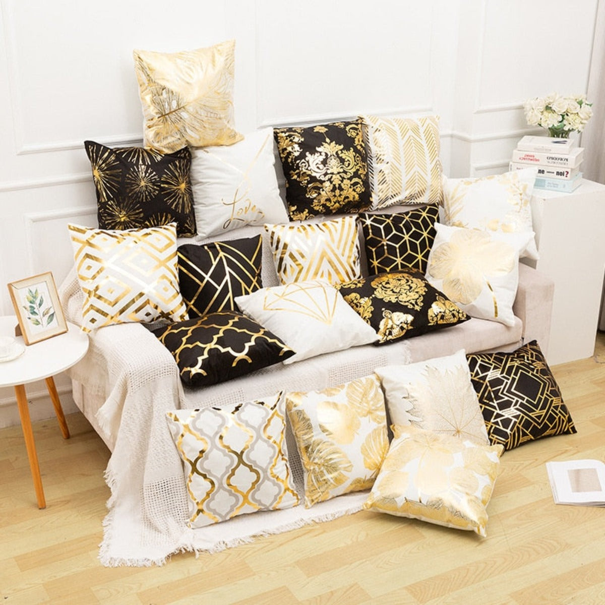 A luxurious Retro Style Gold Stamped Cushion Cover featuring a plush fabric with elegant gold accents, perfect for home decor.