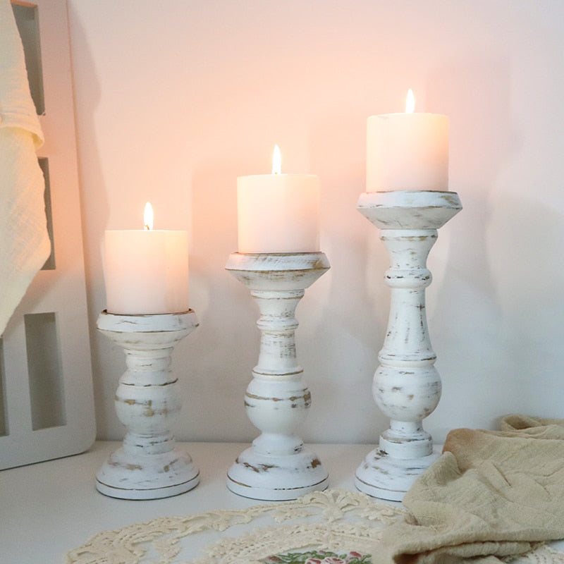 A stylish Retro White Wooden Candle Holder with a rustic finish, perfect for home decor.