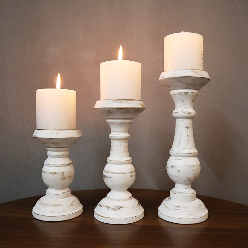 A stylish Retro White Wooden Candle Holder with a rustic finish, perfect for home decor.