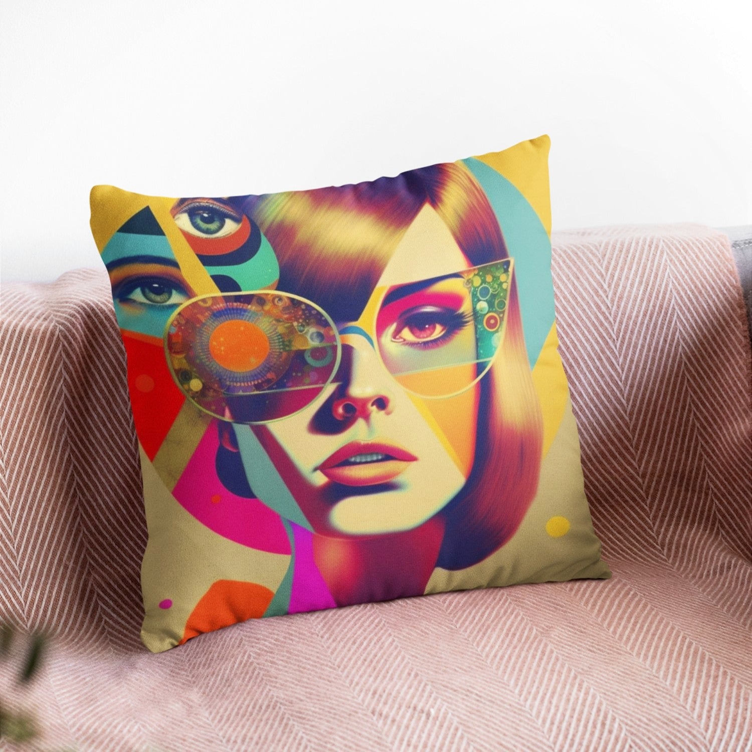 Retro Women Face Cushion Cover featuring a vibrant artistic design, perfect for boho room decor.