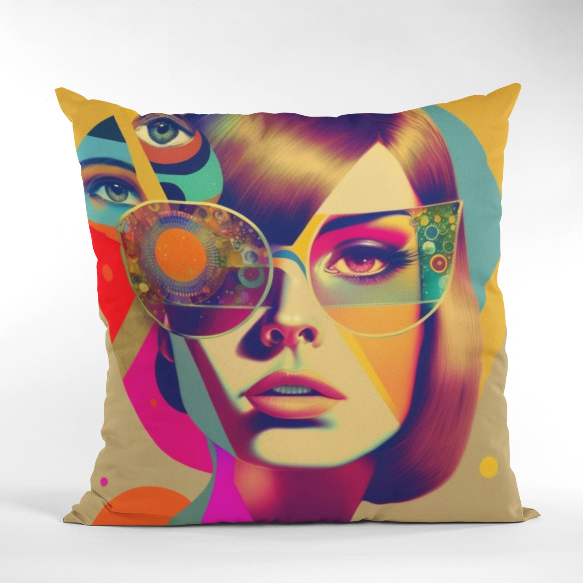 Retro Women Face Cushion Cover featuring a vibrant artistic design, perfect for boho room decor.