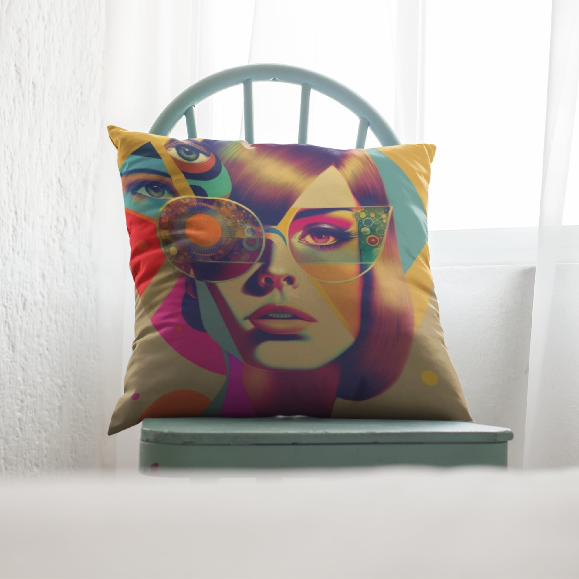 Retro Women Face Cushion Cover featuring a vibrant artistic design, perfect for boho room decor.