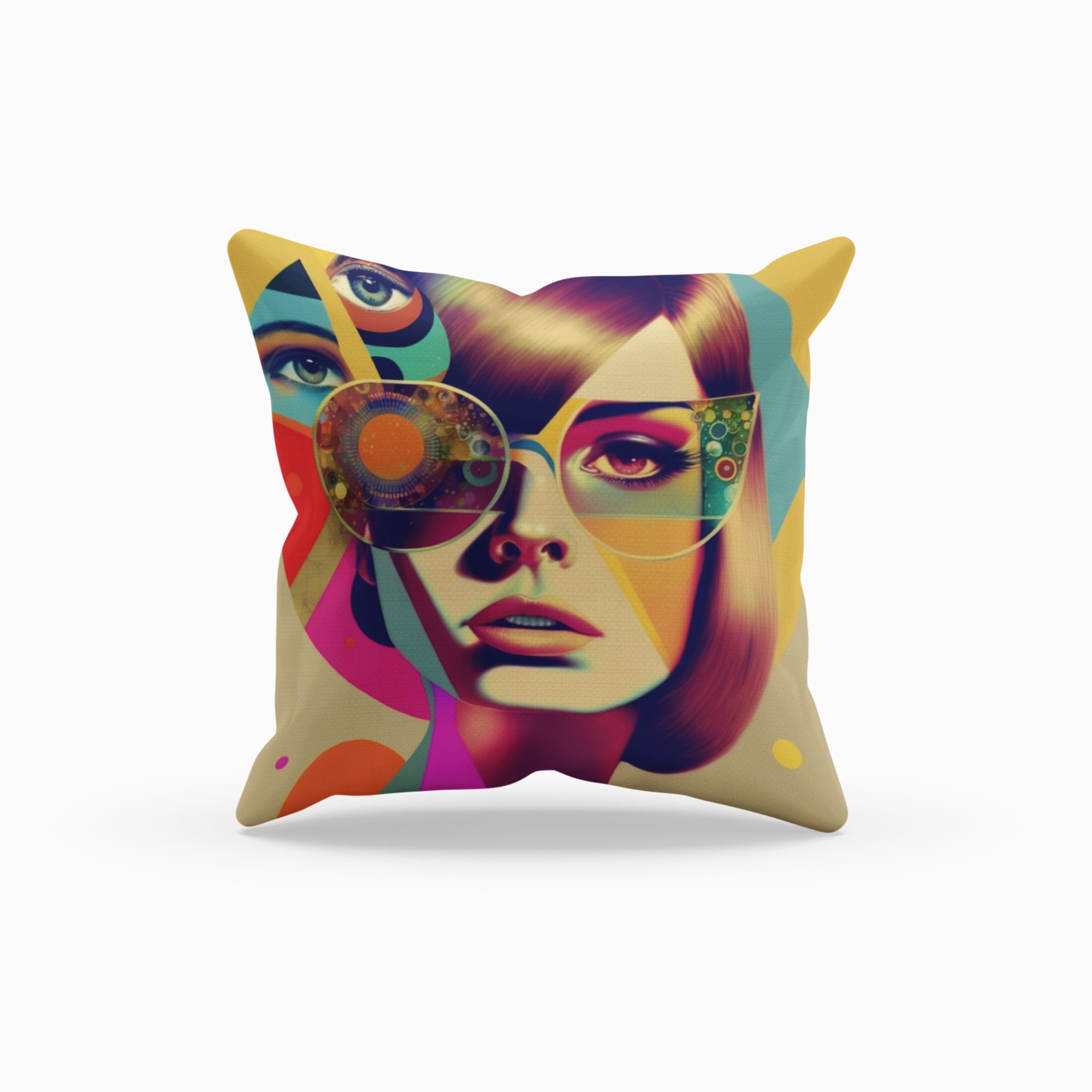 Retro Women Face Cushion Cover featuring a vibrant artistic design, perfect for boho room decor.