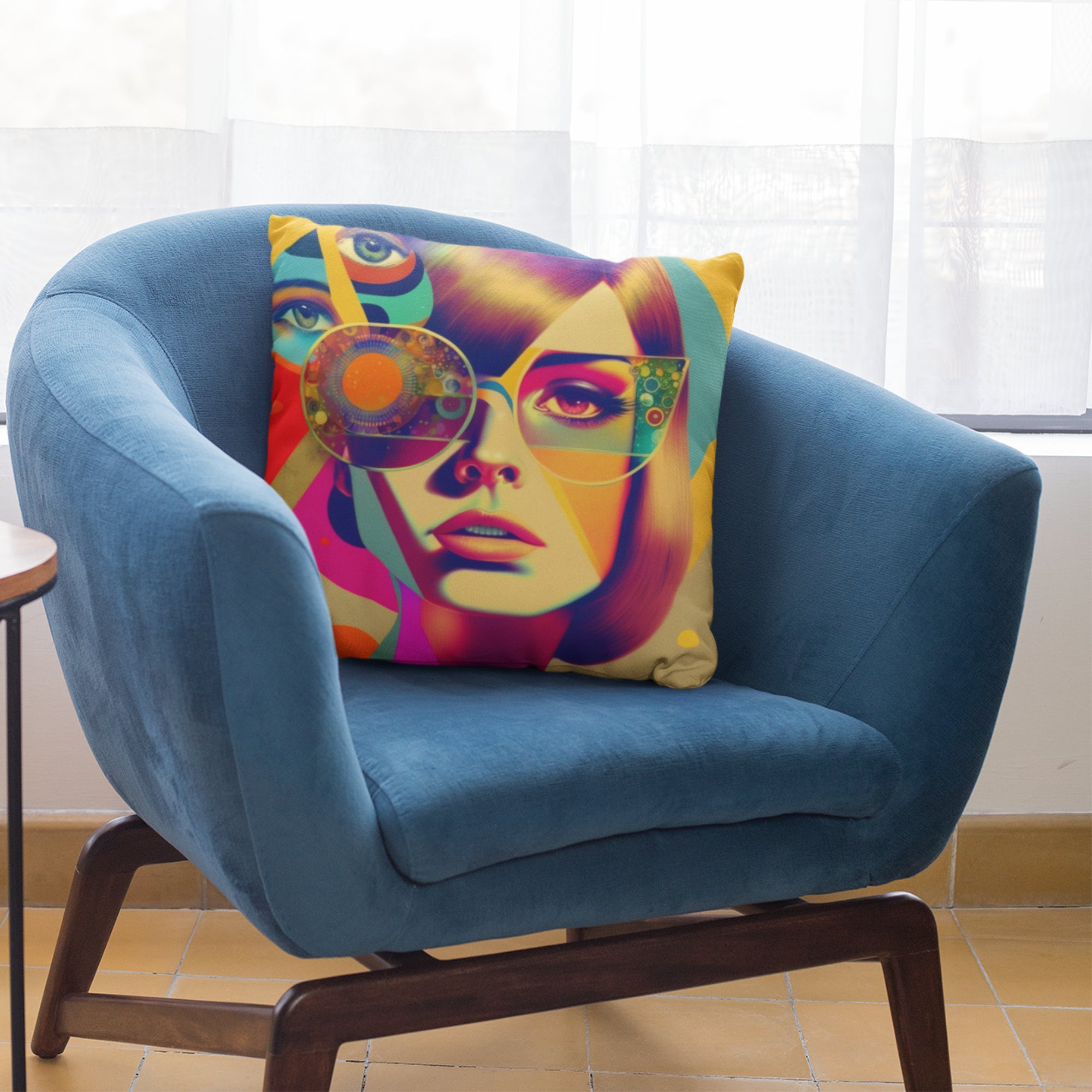 Retro Women Face Cushion Cover featuring a vibrant artistic design, perfect for boho room decor.