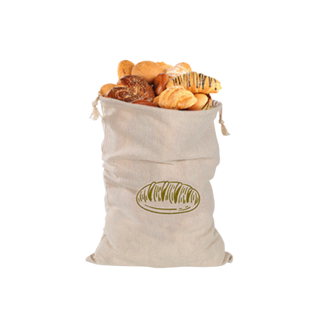 A stylish Reusable Linen Bread Bag, perfect for storing fresh bread while maintaining its crusty texture.